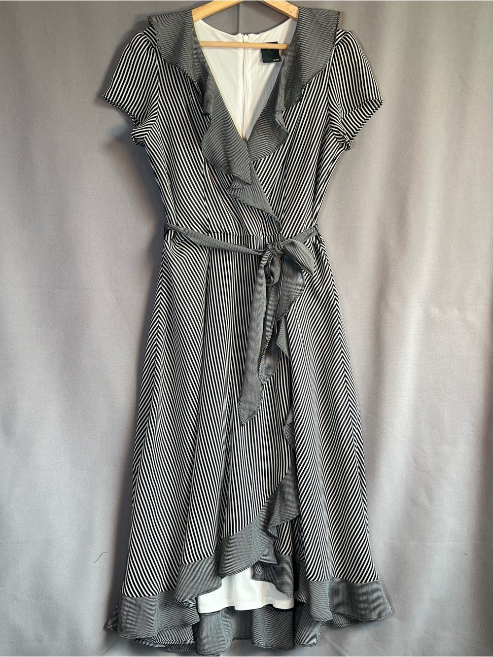 Women’s 12 Striped Ruffle Faux Wrap Midi Dress - Black & White High/Low